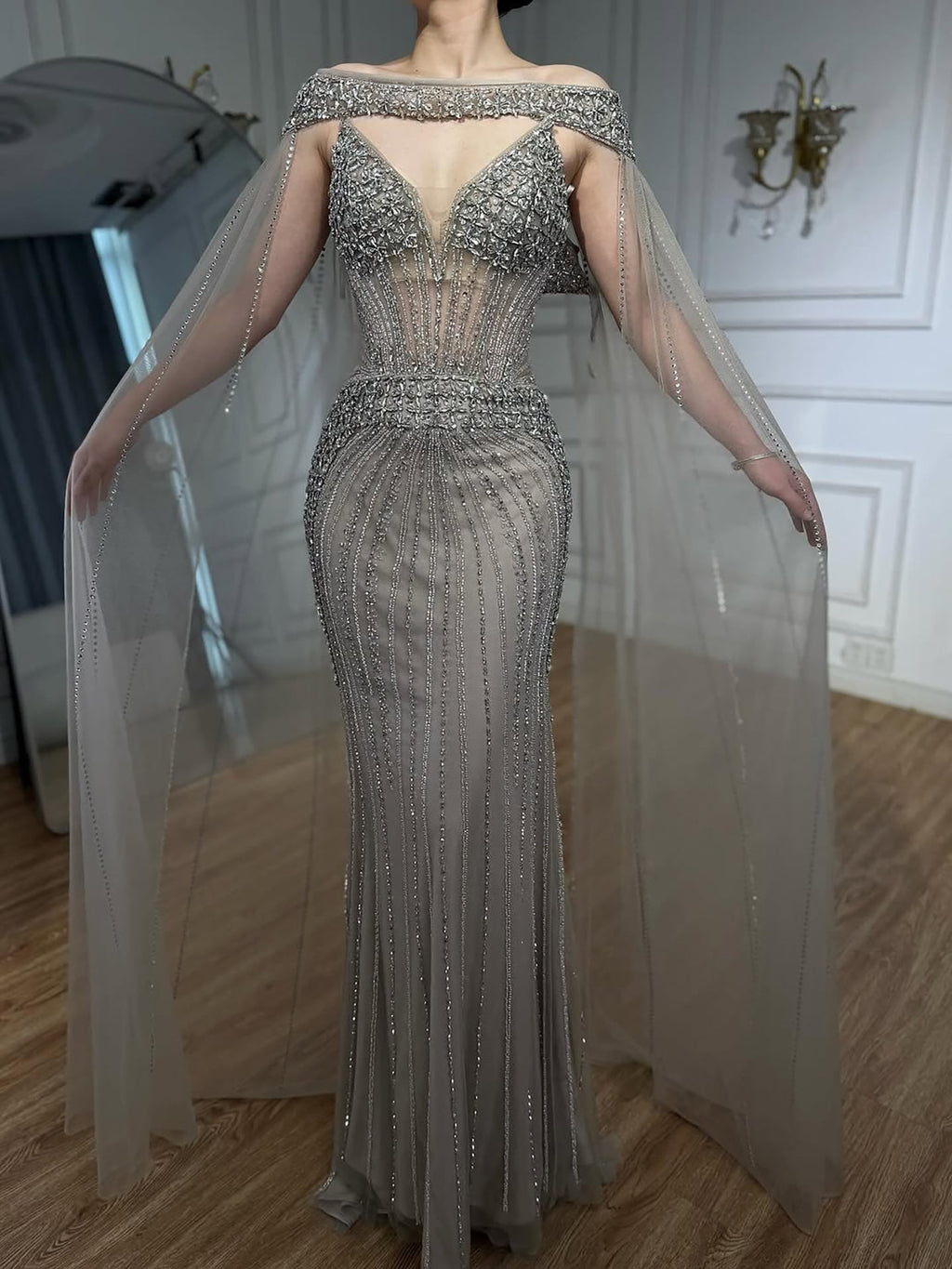 Luxury Caramel Beaded Evening Dress With Cape LA73480A