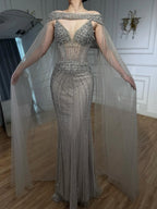 Luxury Caramel Beaded Evening Dress With Cape LA73480A