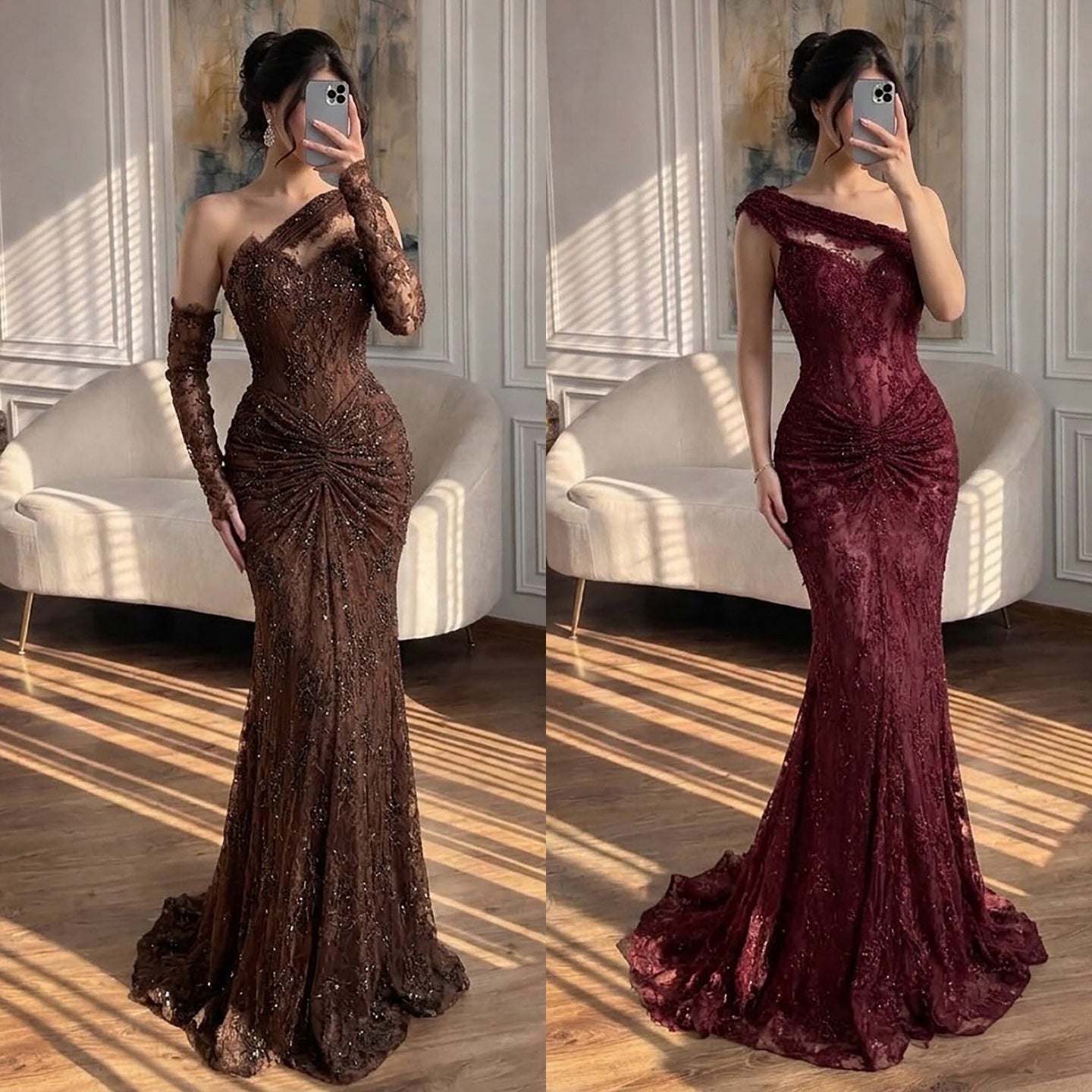 Luxury Wine Red Lace Beaded Mermaid One Shoulder Evening Dress CLA73484B