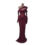 Luxury Wine Red CLAce Beaded Mermaid One Shoulder Evening Dress CLA73484B