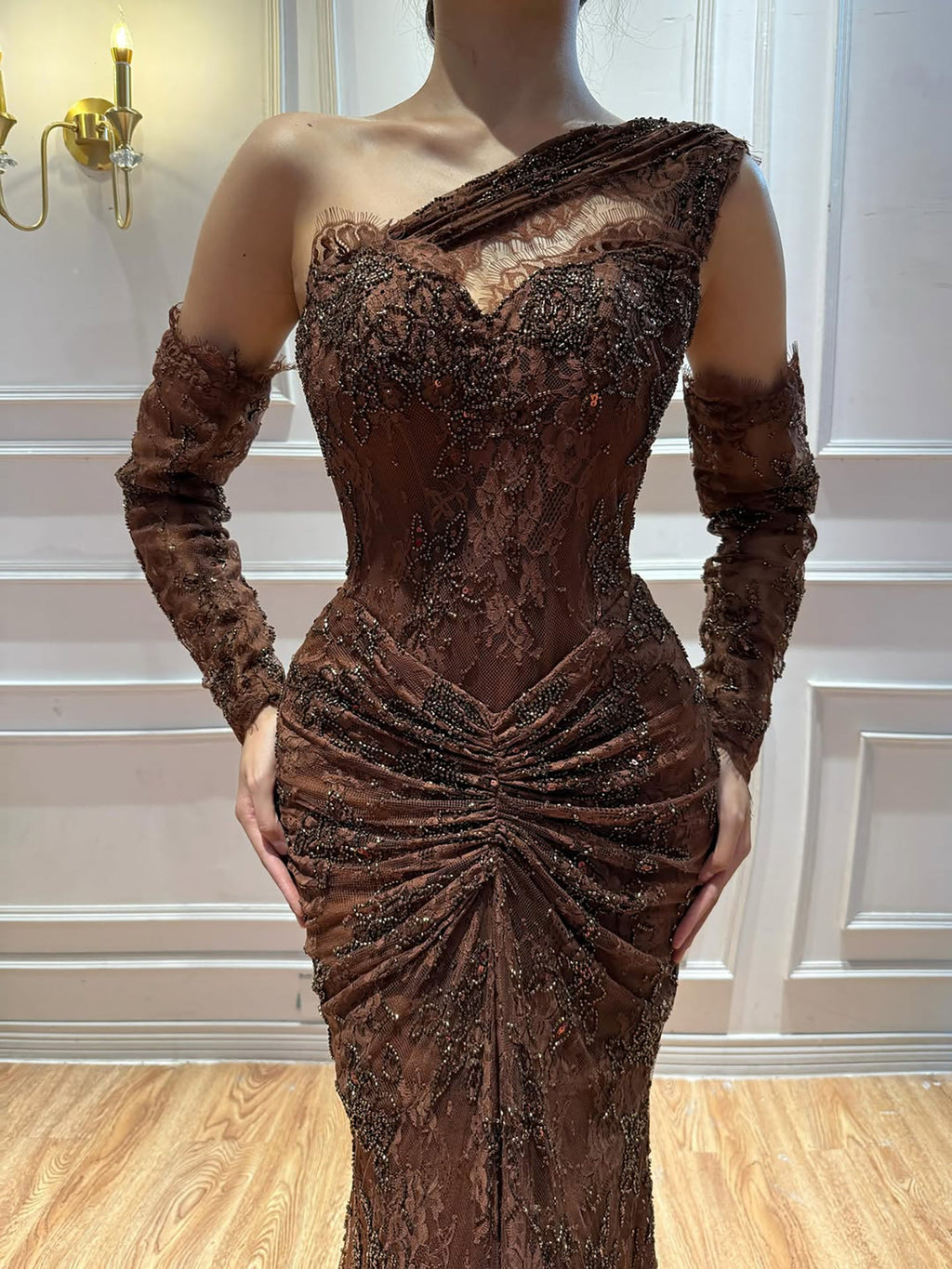 Luxury Wine Red Lace Beaded Mermaid One Shoulder Evening Dress CLA73484B
