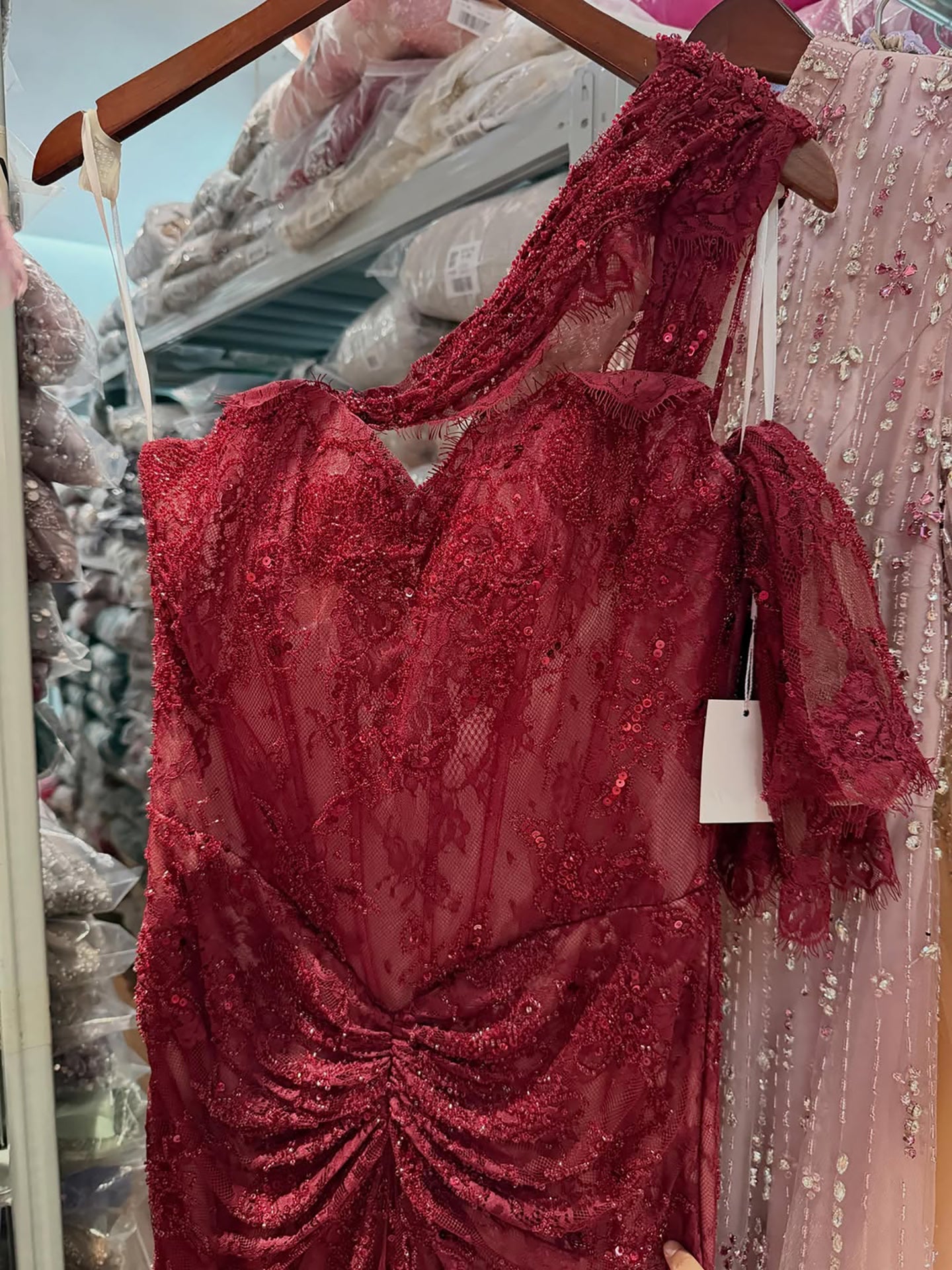 Luxury Wine Red Lace Beaded Mermaid One Shoulder Evening Dress CLA73484B