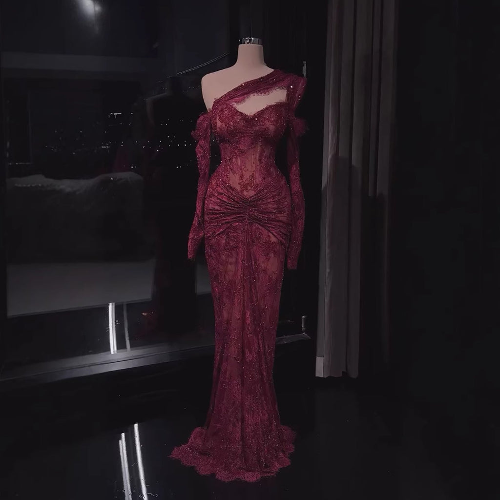 Luxury Wine Red CLAce Beaded Mermaid One Shoulder Evening Dress CLA73484B