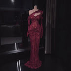 Luxury Wine Red CLAce Beaded Mermaid One Shoulder Evening Dress CLA73484B