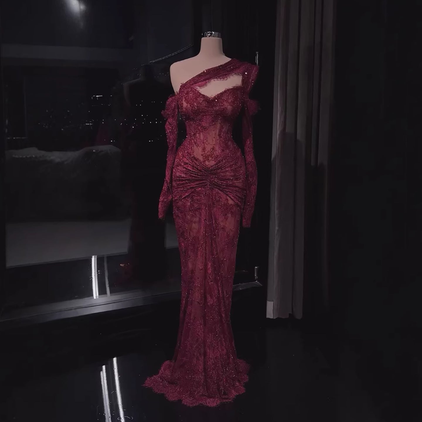 Luxury Wine Red CLAce Beaded Mermaid One Shoulder Evening Dress CLA73484B