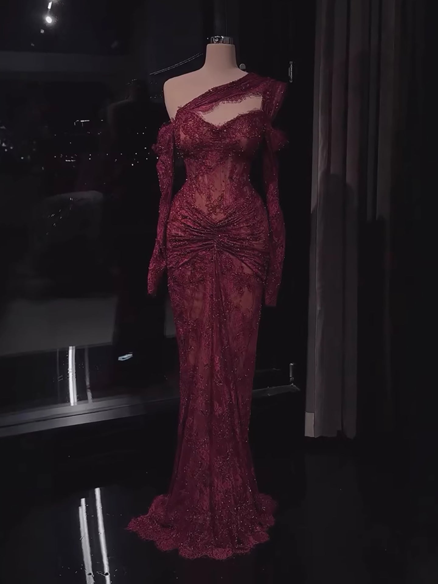 Luxury Wine Red CLAce Beaded Mermaid One Shoulder Evening Dress CLA73484B