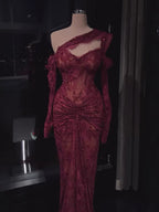 Luxury Wine Red CLAce Beaded Mermaid One Shoulder Evening Dress CLA73484B
