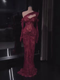 Luxury Wine Red CLAce Beaded Mermaid One Shoulder Evening Dress CLA73484B