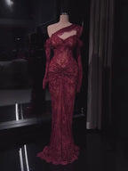 Luxury Wine Red CLAce Beaded Mermaid One Shoulder Evening Dress CLA73484B