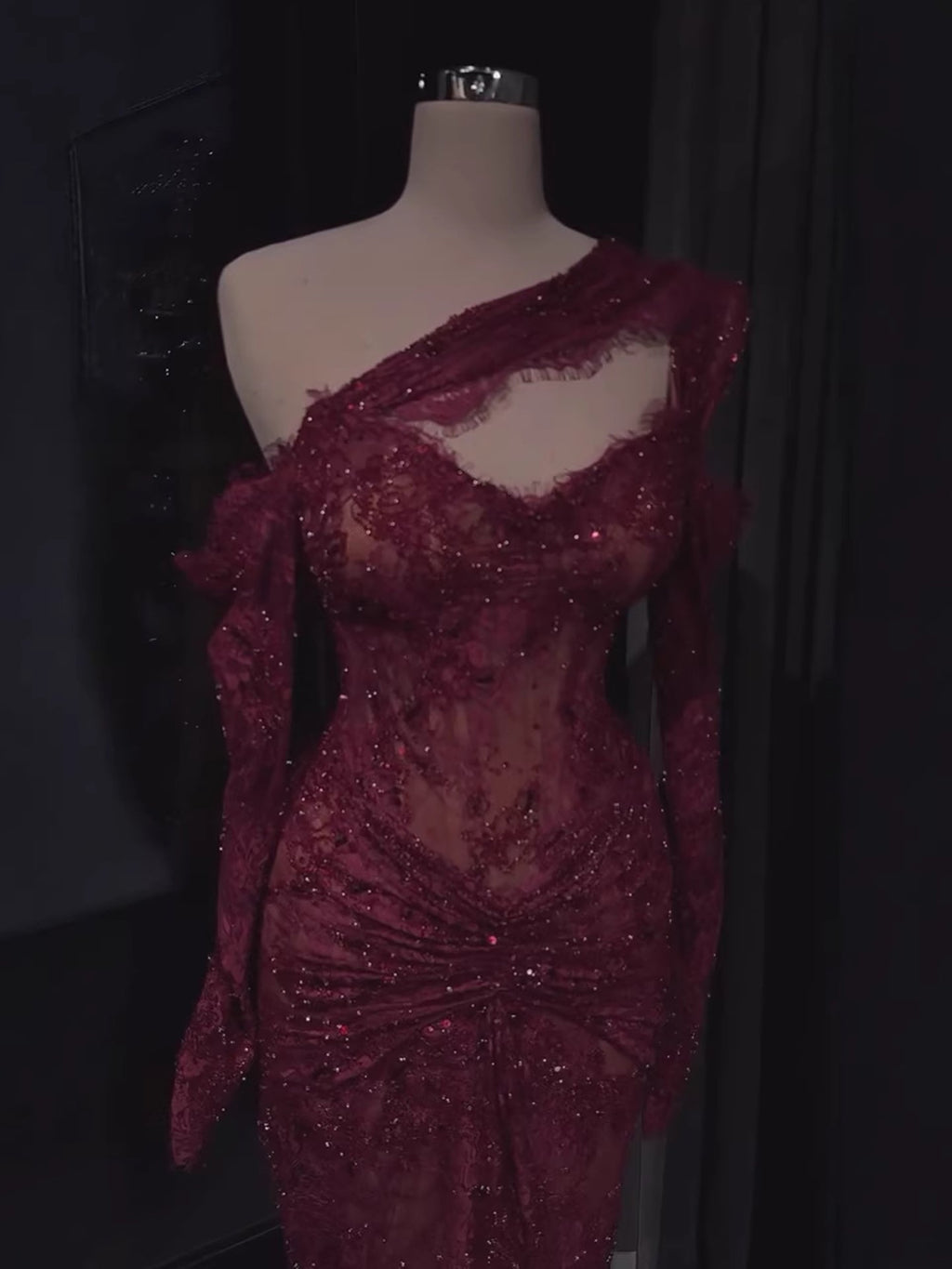 Luxury Wine Red CLAce Beaded Mermaid One Shoulder Evening Dress CLA73484B