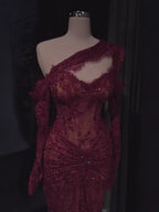 Luxury Wine Red CLAce Beaded Mermaid One Shoulder Evening Dress CLA73484B