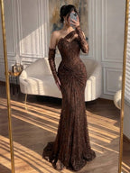 Luxury Wine Red Lace Beaded Mermaid One Shoulder Evening Dress CLA73484B