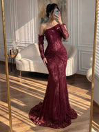 Luxury Wine Red Lace Beaded Mermaid One Shoulder Evening Dress CLA73484B