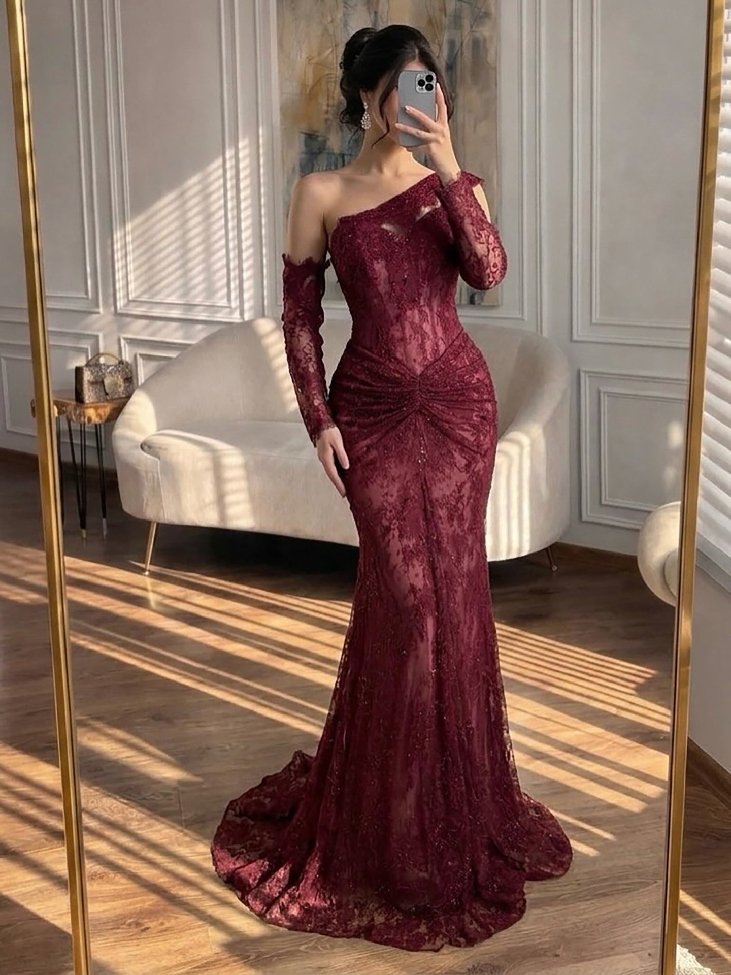 Luxury Wine Red Lace Beaded Mermaid One Shoulder Evening Dress CLA73484B