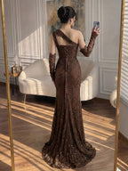Luxury Wine Red Lace Beaded Mermaid One Shoulder Evening Dress CLA73484B