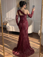 Luxury Wine Red Lace Beaded Mermaid One Shoulder Evening Dress CLA73484B
