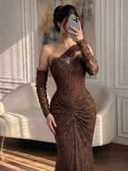 Luxury Wine Red Lace Beaded Mermaid One Shoulder Evening Dress CLA73484B