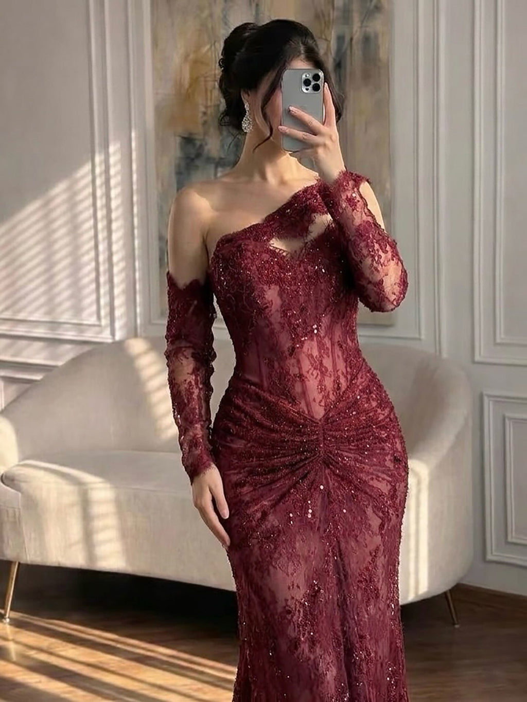 Luxury Wine Red Lace Beaded Mermaid One Shoulder Evening Dress CLA73484B