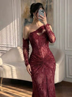 Luxury Wine Red Lace Beaded Mermaid One Shoulder Evening Dress CLA73484B