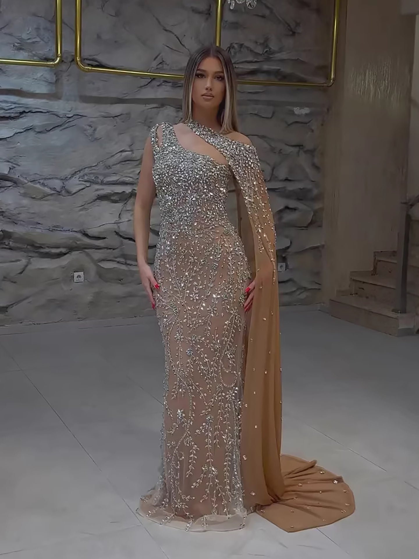 Luxury Nude Silver One Shoulder Crystal Beaded Mermaid Evening Dress With Cape LA73485