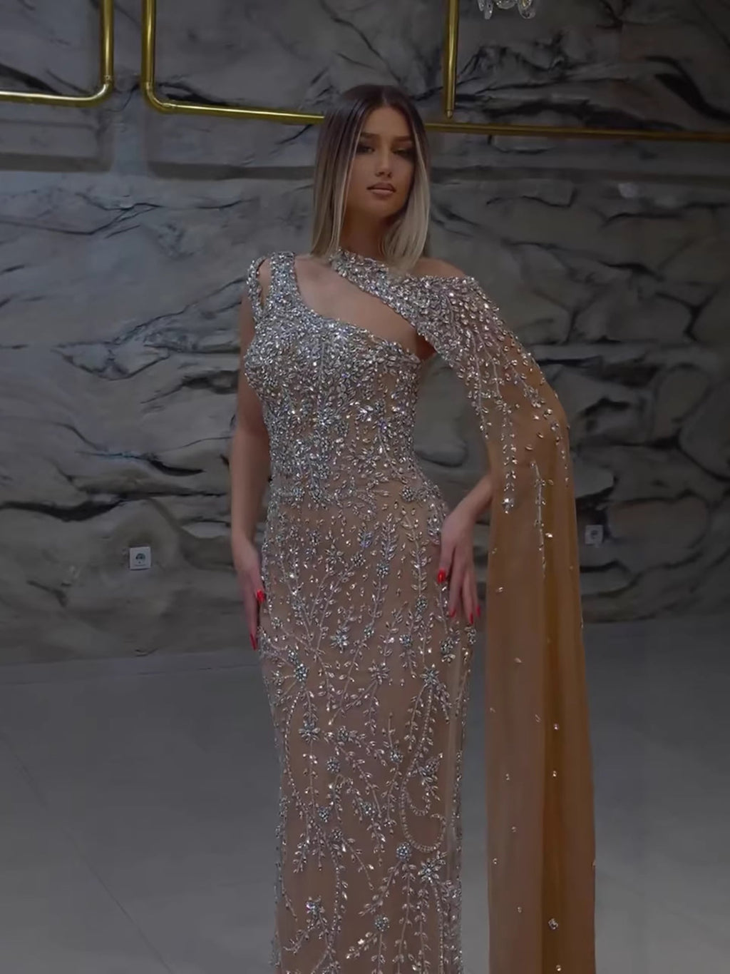 Luxury Nude Silver One Shoulder Crystal Beaded Mermaid Evening Dress With Cape LA73485