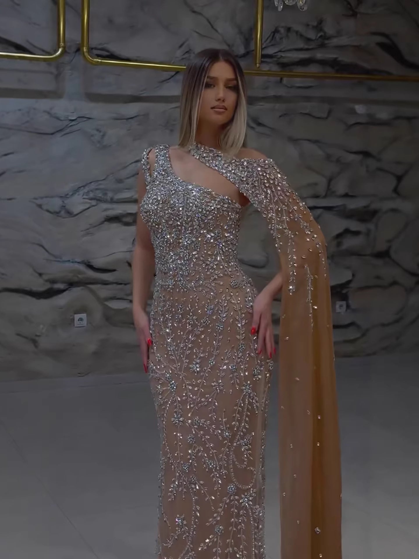 Luxury Nude Silver One Shoulder Crystal Beaded Mermaid Evening Dress With Cape LA73485