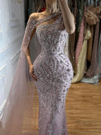 Kosovo One Shoulder Cape Sleeve Luxury Crystal Beaded Mermaid Evening Dress CLA73485