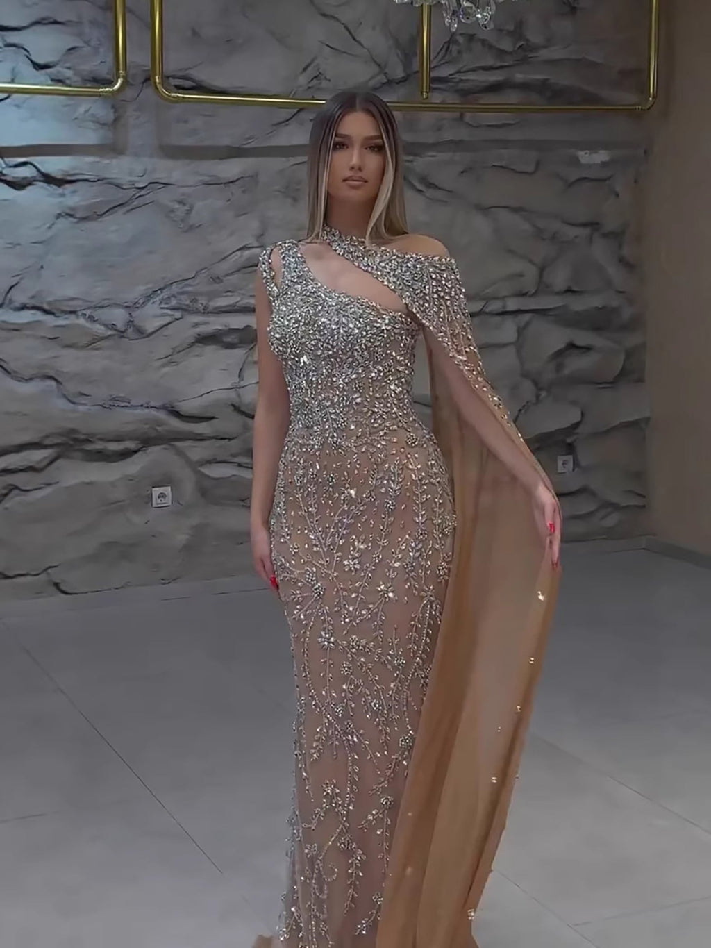 Luxury Nude Silver One Shoulder Crystal Beaded Mermaid Evening Dress With Cape LA73485