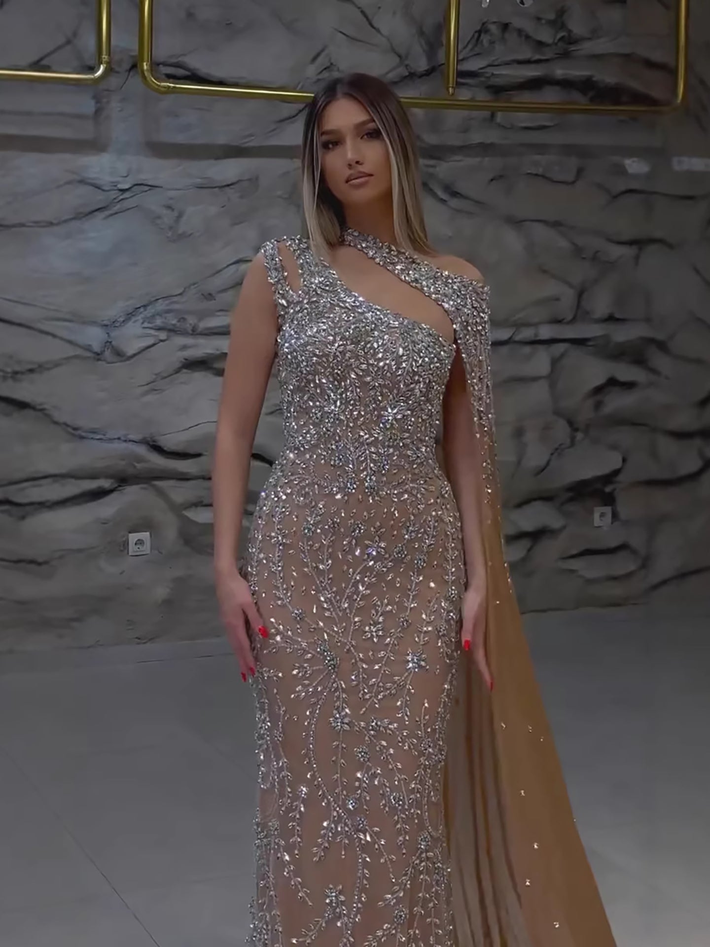 Luxury Nude Silver One Shoulder Crystal Beaded Mermaid Evening Dress With Cape LA73485