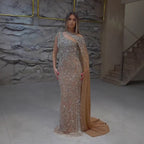 Luxury Nude Silver One Shoulder Crystal Beaded Mermaid Evening Dress With Cape LA73485