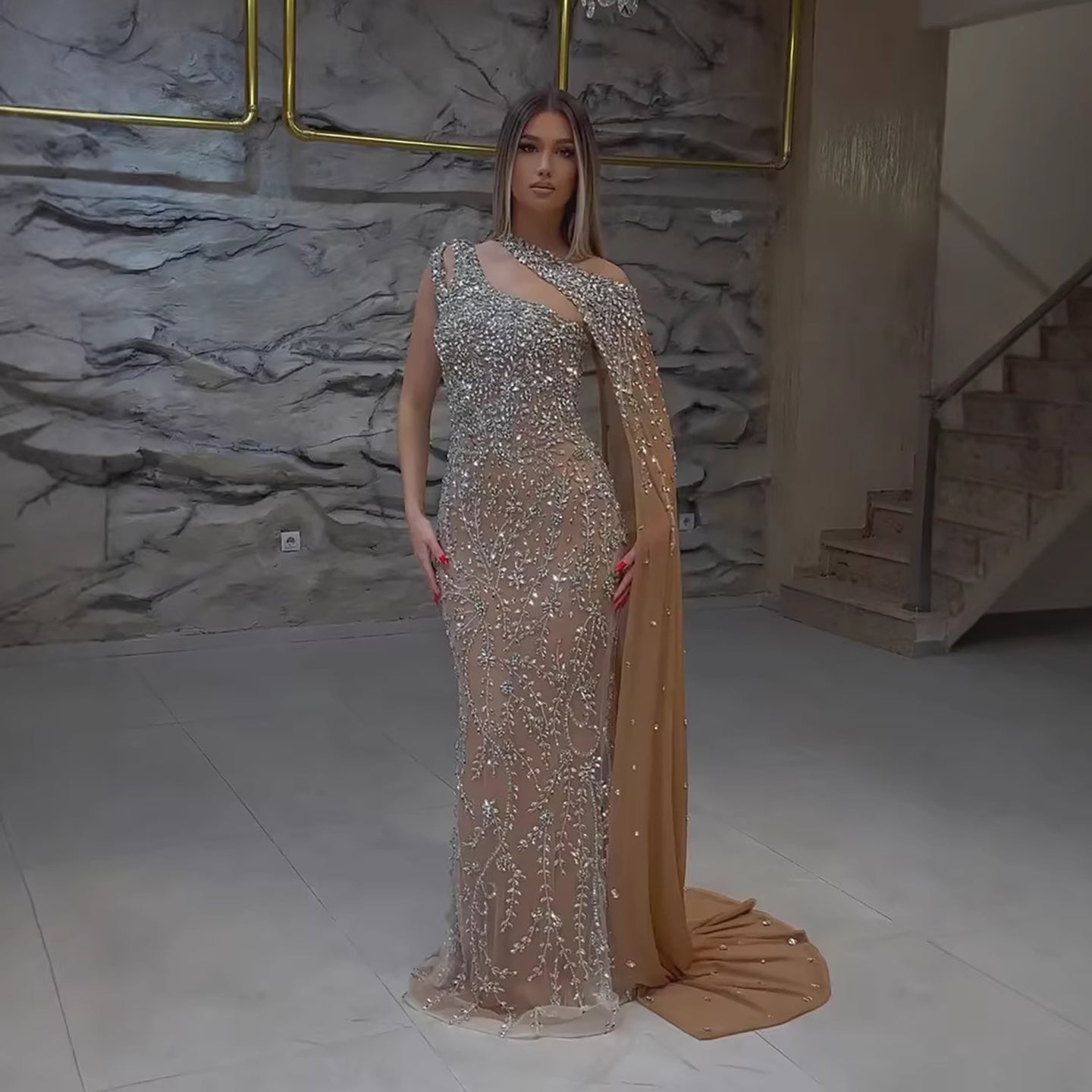 Luxury Nude Silver One Shoulder Crystal Beaded Mermaid Evening Dress With Cape LA73485