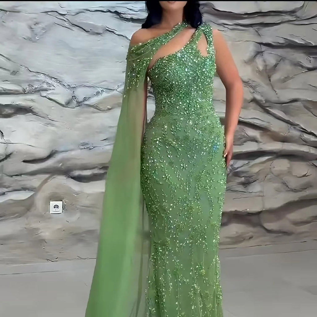 Kosovo One Shoulder Cape Sleeve Luxury Crystal Beaded Mermaid Evening Dress CLA73485
