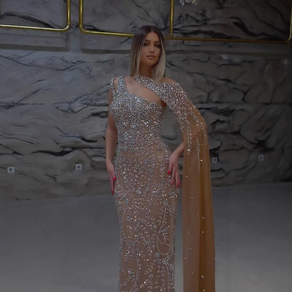 Luxury Nude Silver One Shoulder Crystal Beaded Mermaid Evening Dress With Cape LA73485