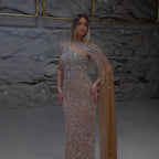 Luxury Nude Silver One Shoulder Crystal Beaded Mermaid Evening Dress With Cape LA73485
