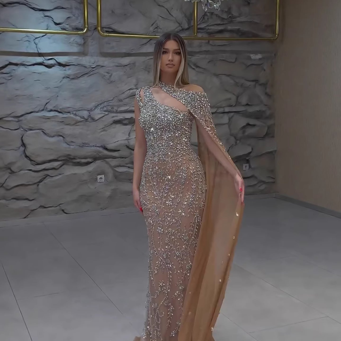 Luxury Nude Silver One Shoulder Crystal Beaded Mermaid Evening Dress With Cape LA73485