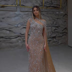 Luxury Nude Silver One Shoulder Crystal Beaded Mermaid Evening Dress With Cape LA73485