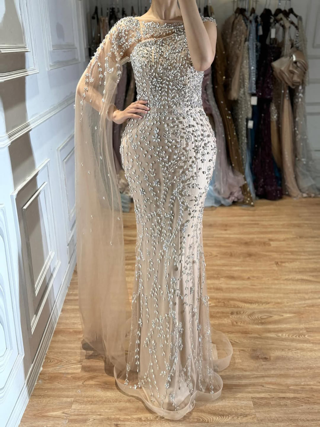 Kosovo One Shoulder Cape Sleeve Luxury Crystal Beaded Mermaid Evening Dress CLA73485
