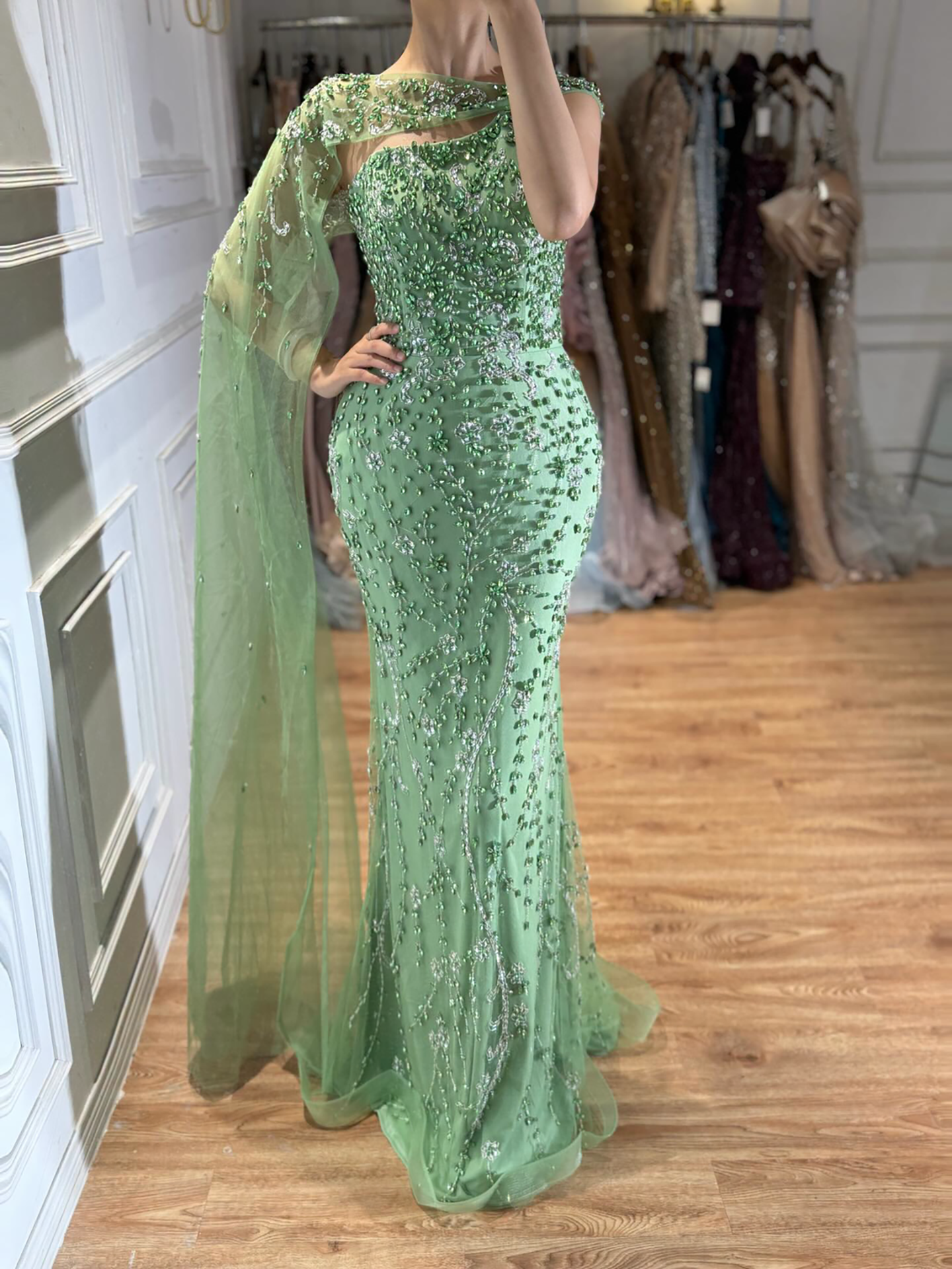 Kosovo One Shoulder Cape Sleeve Luxury Crystal Beaded Mermaid Evening Dress CLA73485