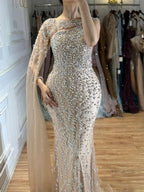 Kosovo One Shoulder Cape Sleeve Luxury Crystal Beaded Mermaid Evening Dress CLA73485