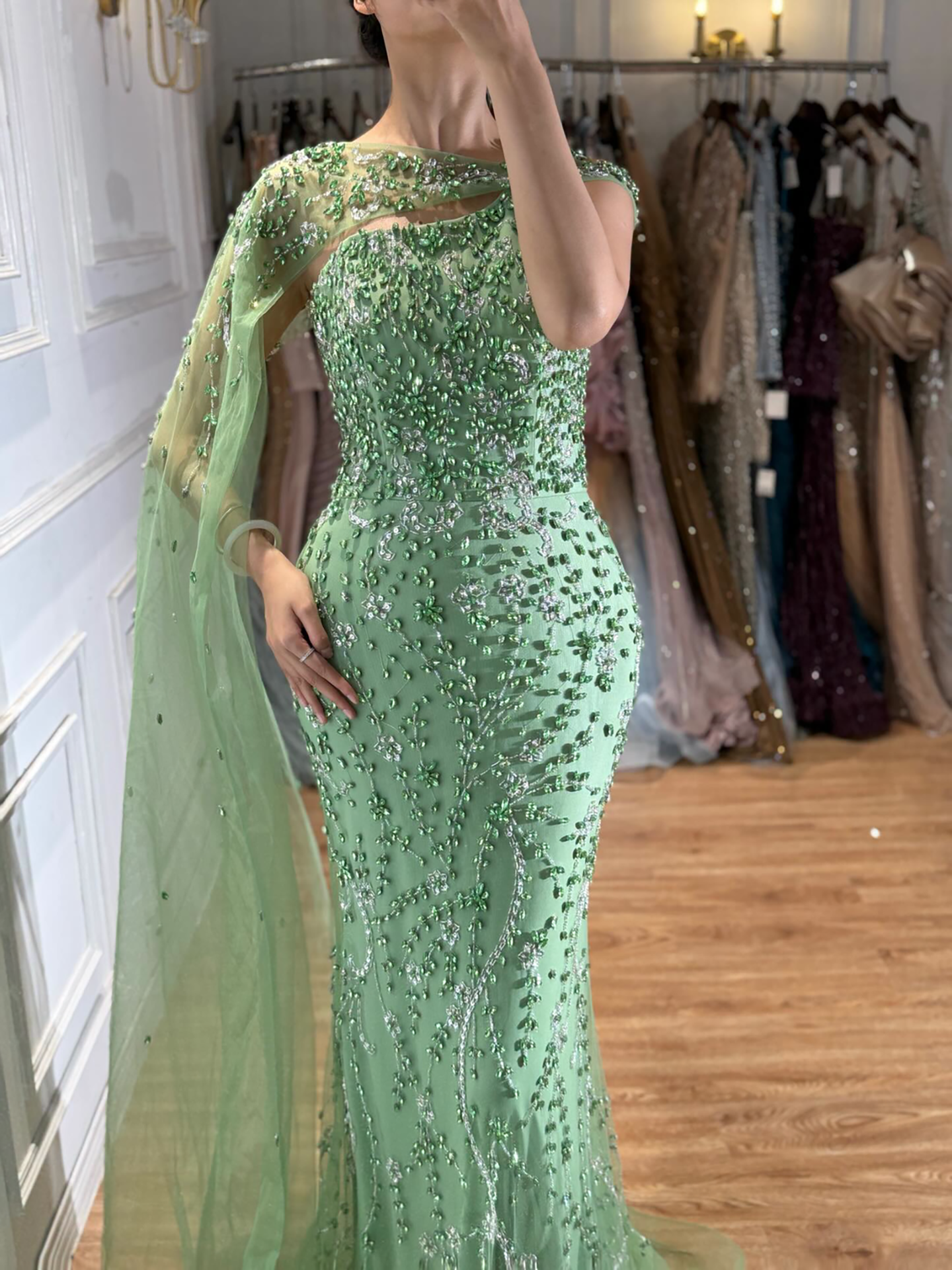 Kosovo One Shoulder Cape Sleeve Luxury Crystal Beaded Mermaid Evening Dress CLA73485