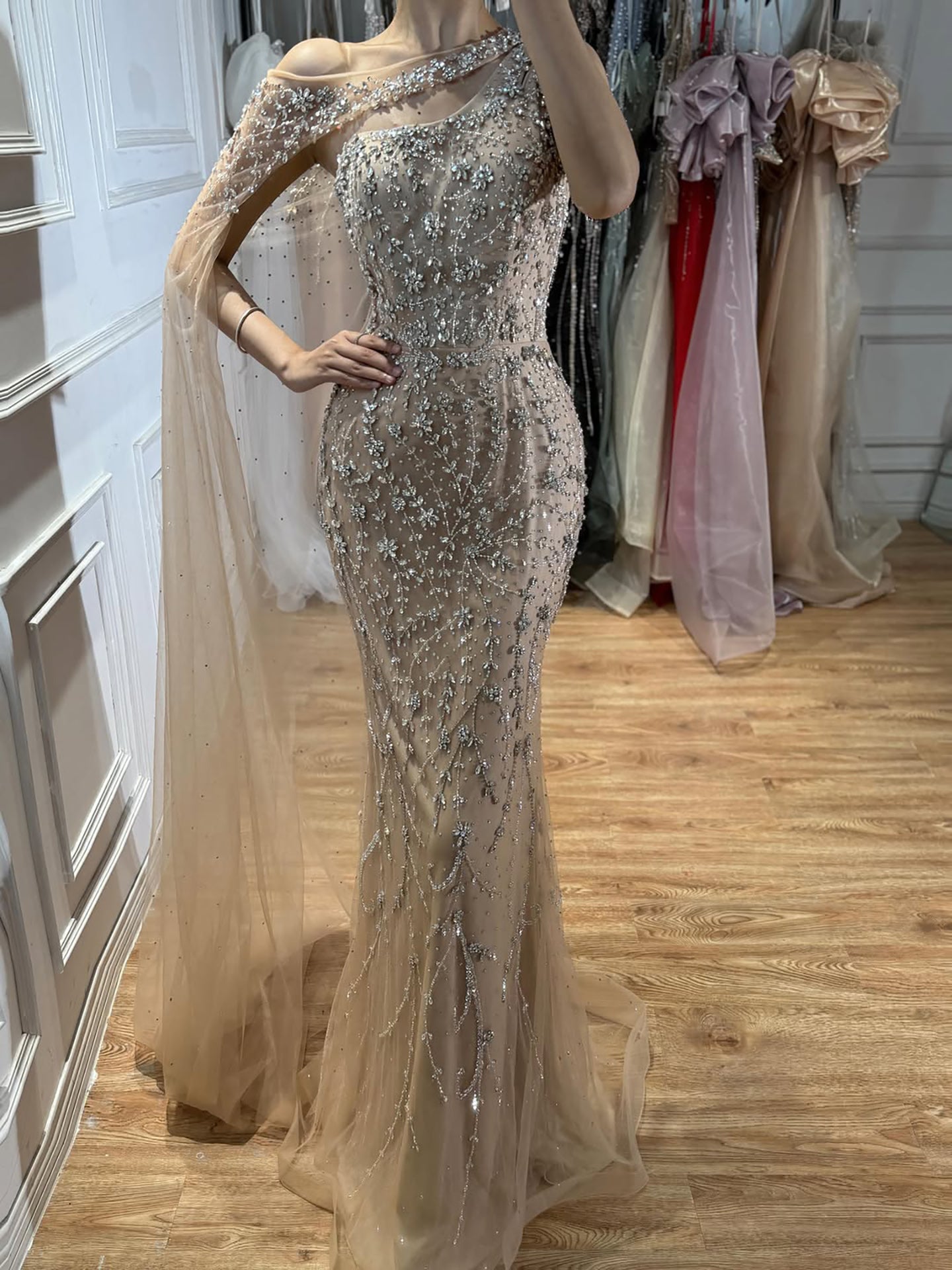 Luxury Nude Crystal Beaded One-Shoulder Mermaid Dress CLA73485A