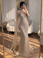 Luxury Nude Crystal Beaded One-Shoulder Mermaid Dress LA73485A