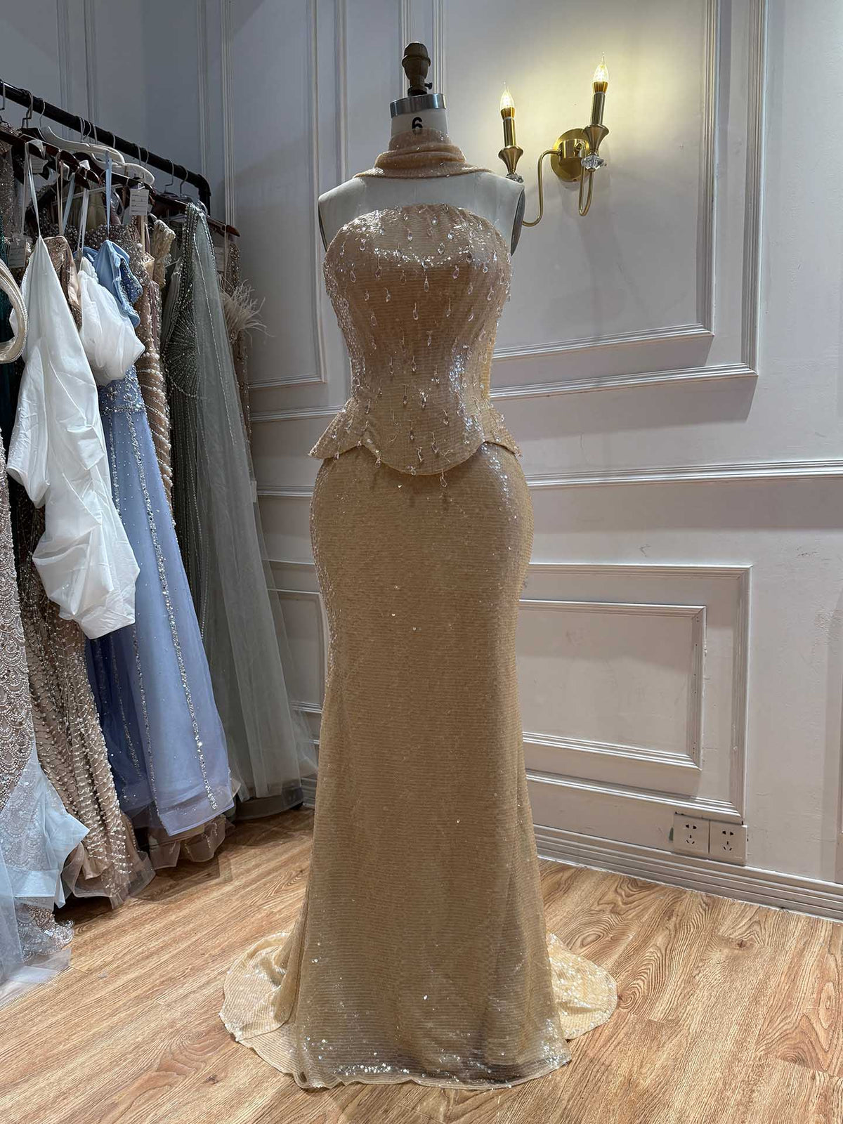 Arabic Simple Beaded Sequins Strapless Evening Dress With Scarf CLA73488