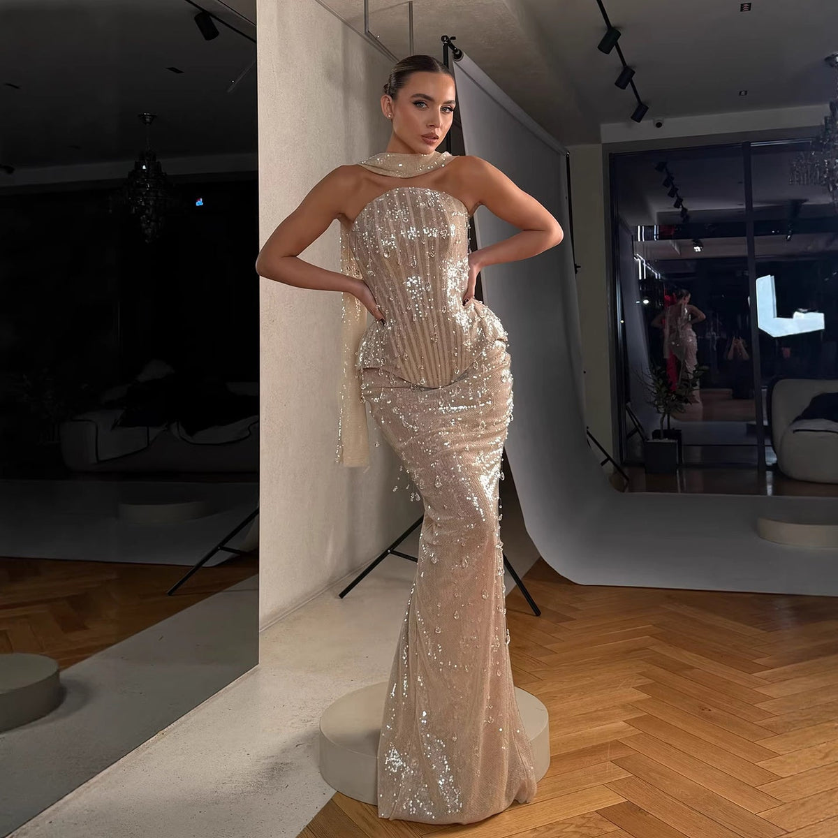 Arabic Simple Beaded Sequins Strapless Evening Dress With Scarf CLA73488