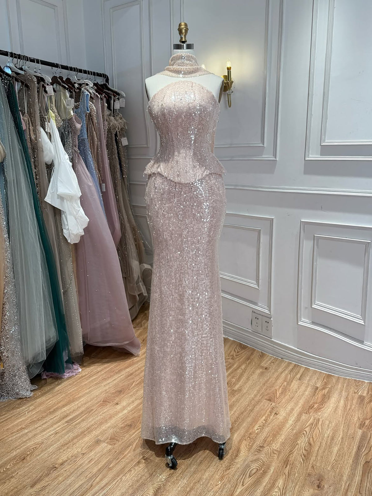 Arabic Simple Beaded Sequins Strapless Evening Dress With Scarf CLA73488