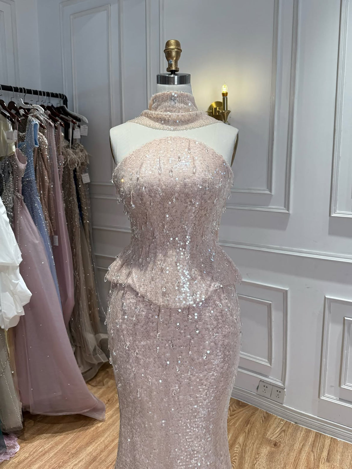 Arabic Simple Beaded Sequins Strapless Evening Dress With Scarf CLA73488