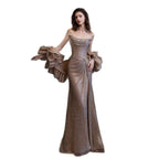 Luxury Champagne Bronze Strapless Crystal Beaded Mermaid Evening Dress With Cape CLA73489