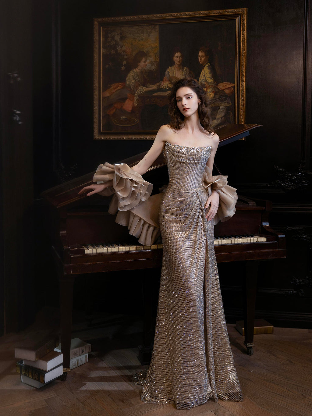 Luxury Champagne Bronze Strapless Crystal Beaded Mermaid Evening Dress With Cape CLA73489