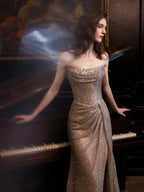 Luxury Champagne Bronze Strapless Crystal Beaded Mermaid Evening Dress With Cape CLA73489