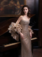 Luxury Champagne Bronze Strapless Crystal Beaded Mermaid Evening Dress With Cape CLA73489